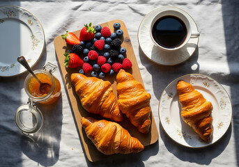Brunch Flat-Lay with Coffee, Croissants & Fruit