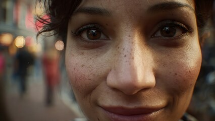 Close-up portrait of a happy young woman with freckles, smiling naturally outdoors on a sunny day