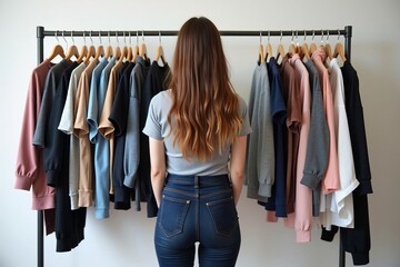 Capture a Person with Their Beloved Wardrobe and Donation Pile in Front of a Clothing Rack