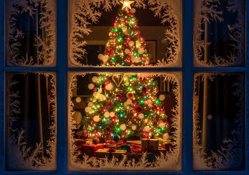 Christmas tree with gifts seen through a frosty window at night
