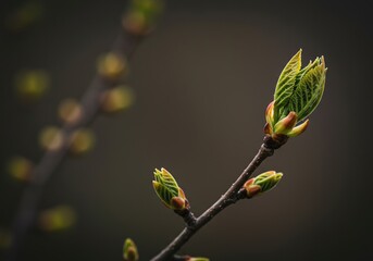 Delicate buds unfurl on a branch, promising new life and the vibrant arrival of spring. This tiny, unfurling greenery embodies renewal and subtle natural beauty ,bud ,development ,awakening