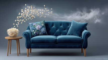Explore the Comfort of a Stylish Blue Couch Complemented by a Vase of Fresh Flowers Perfect for Any Living Room