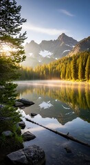 Serene Mountain Lake Reflection at Sunrise with Pine Trees.