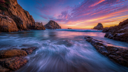Stunning view of waves crashing against rocky cliffs with vibrant pink and orange sunset illuminating the sky over a tranquil coastal seascape at dusk