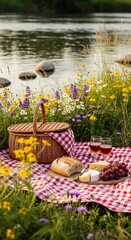 Romantic summer picnic by the river with wine and cheese.