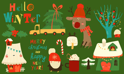 Cartoon Set With Cute Animals and Christmas Elements