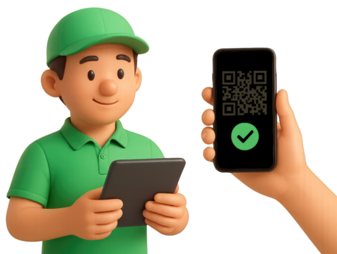 3D Delivery Person Holding Tablet and Hand Showing QR Code on Smartphone isolated on a transparent background