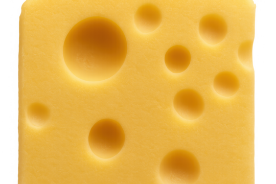 Close-up of yellow cheese block featuring characteristic holes and rough texture. Background is transparent