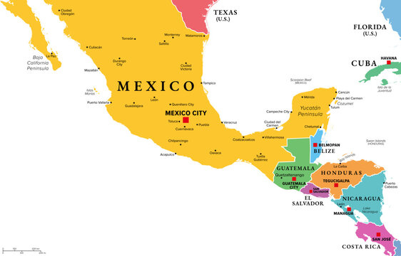 Mesoamerica, multi colored political map. Historical region and cultural area in southern North America and Central America, from Mexico to Costa Rica, where pre Columbian societies flourished. Vector