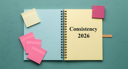 Flat lay composition of an open planner and contrasting colored sticky notes, representing focus and execution of 2026 goals.