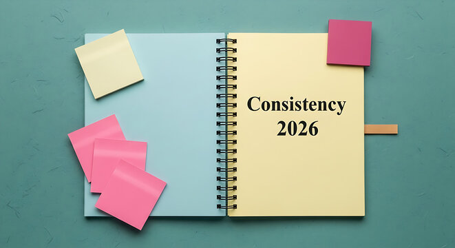 Flat lay composition of an open planner and contrasting colored sticky notes, representing focus and execution of 2026 goals.