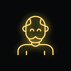 Glowing yellow neon sign of a smiling elderly man with a mustache, perfect for themes of positivity and aging