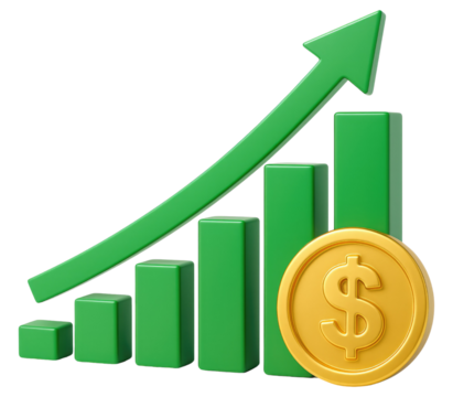 3D Green Bar Graph with Upward Arrow and Gold Dollar Coin chart increase isolated on a transparent background