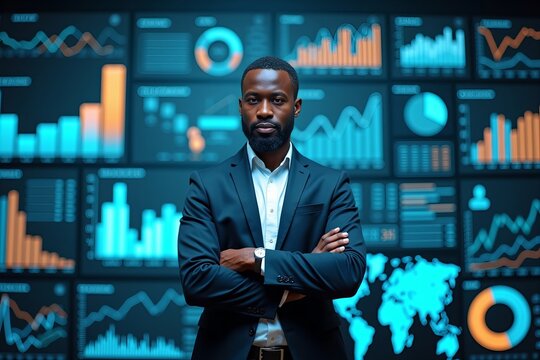 An African entrepreneur amidst a sea of data visuals, with illuminated KPI dashboards hovering around him, confidently evaluating the metrics