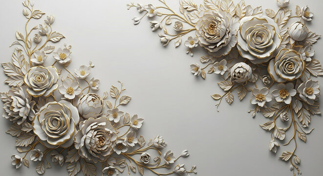 3D Floral Relief wallpaper with Gold Accents with 3D Wall Mural. floral landscapes. 3d floral art, floral wallpaper, Luxurious textile tile wall art