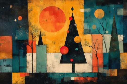 Christmas tree created in a mid century modern art style, a dark geometric pine decorated with circular ornaments set against a textured abstract cityscape for a retro xmas mood