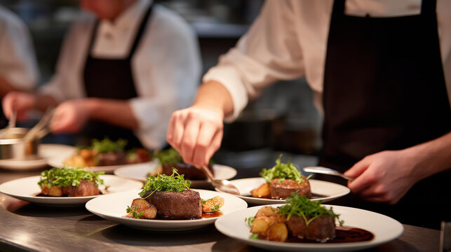 In a bustling kitchen filled with sizzling sounds and aromatic steam, a restaurant crew plates gourmet dishes during peak dinner rush. Chefs move in perfect rhythm, arranging plates with artistic
