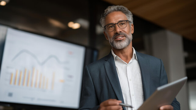 A leader standing before a digital strategy board filled with shifting graphs and real-time data, calmly guiding the team through sudden market changes — adaptive leadership, agile decision-making,