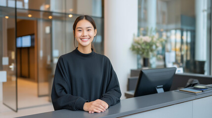 A friendly staff member in a modern corporate office greeting visitors with a genuine smile as digital signage and glass-wall meeting rooms form a sleek backdrop — professional business