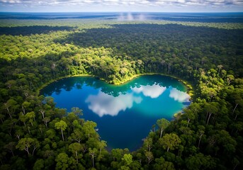 Aerial view of a heartshaped lake surrounded by lush green rainforest under a bright blue sky with scattered clouds