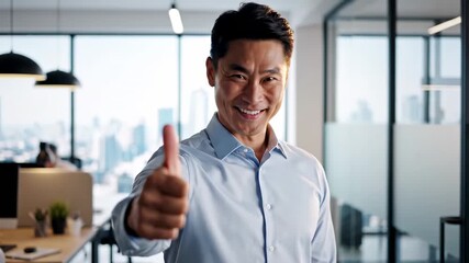 Smiling Asian businessman gives thumbs up in modern office setting. - Powered by Adobe