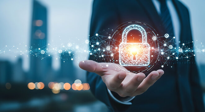 Cybersecurity Protection Digital Padlock in Hand for Secure Data Network