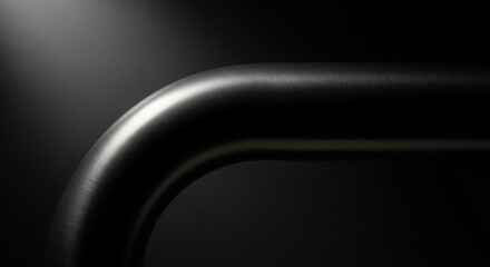 Smooth curved metal pipe in dramatic low-key lighting, showing brushed stainless texture and modern industrial design.