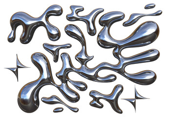 3D Chrome Liquid Metal Blobs and Organic Glossy Mercury Shapes with Reflective Metallic Highlights icon. Futuristic Abstract Fluid Design