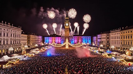 Festive christmas market in a european city square with crowds of people celebrating the holiday season under colorful lights and a prominent clock tower at dusk is magical - Powered by Adobe