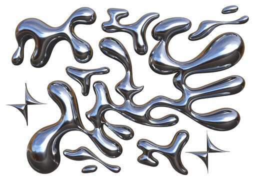 3D Chrome Liquid Metal Blobs and Organic Glossy Mercury Shapes with Reflective Metallic Highlights icon. Futuristic Abstract Fluid Design
