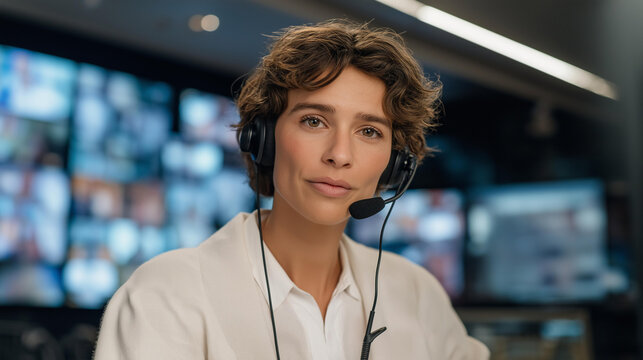 A simultaneous interpreter in a soundproof booth wearing a professional headset, speaking into a microphone while watching a live conference on multiple screens — high-level international