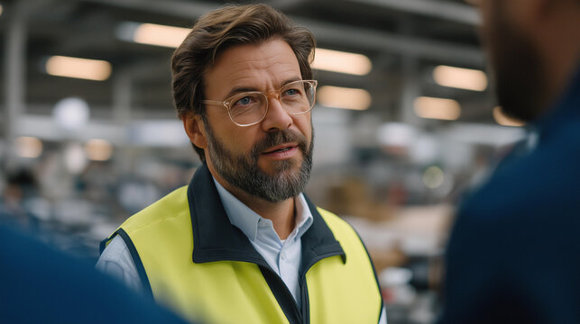A CEO visiting a manufacturing plant floor, wearing safety gear and speaking directly with engineers and workers — hands-on leadership, operational insight, and commitment to understanding every - Powered by Adobe