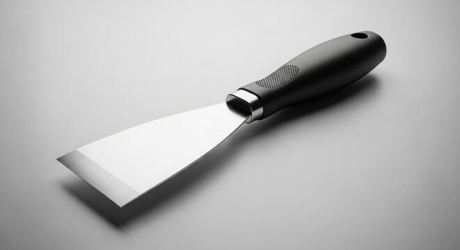 Sleek metal putty knife with ergonomic handle displayed on a clean studio background, ideal for construction and repair themes.