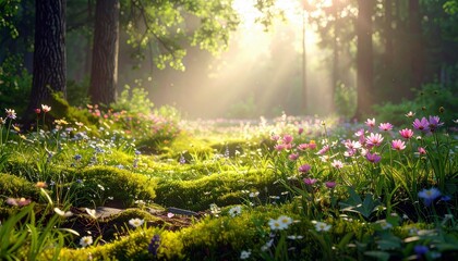 A sun-dappled forest floor is covered with vibrant wildflowers and green moss, creating a serene natural landscape.