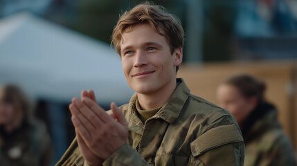 The soldier’s gentle nods and smiles create a sense of humble pride and community connection, capturing how everyday people honor bravery and sacrifice. cinematic color correction, natural uneven