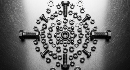 Artistic arrangement of bolts, nuts, and washers forming a radial industrial pattern on a brushed metal surface.