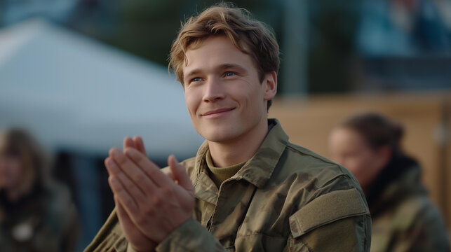 The soldier’s gentle nods and smiles create a sense of humble pride and community connection, capturing how everyday people honor bravery and sacrifice. cinematic color correction, natural uneven