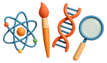 3D icons of atom, paintbrush, DNA helix, and magnifying glass on white background science atomic model isolated on a transparent background