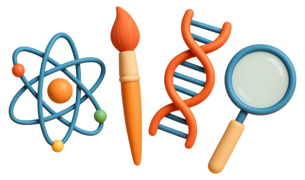 3D icons of atom, paintbrush, DNA helix, and magnifying glass on white background science atomic model isolated on a transparent background - Powered by Adobe