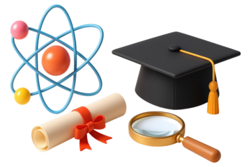 3D icons representing education and science including an atom, diploma, graduation cap, and magnifying glass isolated on a transparent background
