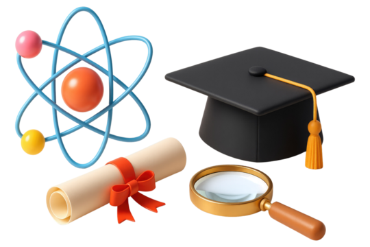 3D icons representing education and science including an atom, diploma, graduation cap, and magnifying glass isolated on a transparent background
