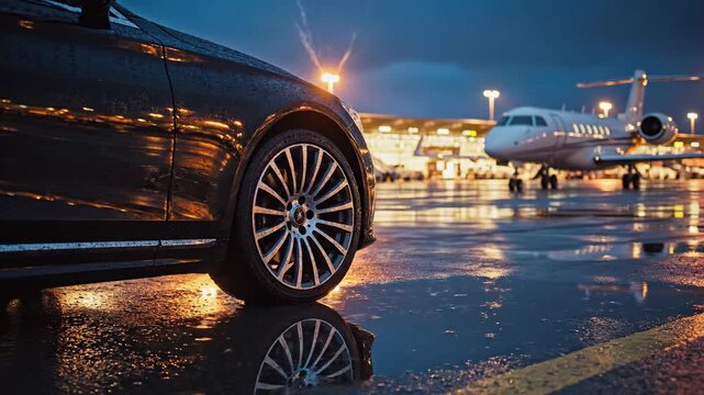 Luxury car parked on a wet tarmac with a private jet in the background at dusk showcasing wealth and exclusive travel for high net worth individuals and premium transportation services