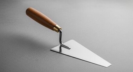 Metal trowel with wooden handle on a textured surface, symbolizing craftsmanship, construction work, and precision finishing.