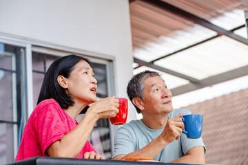 A happy middle-aged Asian couple looks out over a morning view from their home's balcony while holding coffee mugs.