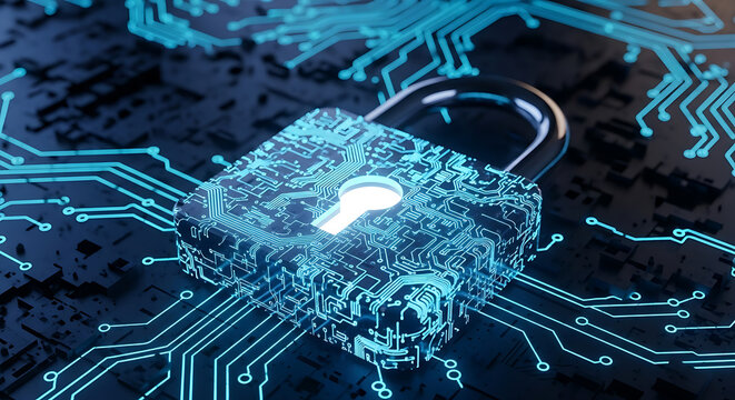 Digital padlock securing a circuit board with glowing blue data lines, representing cybersecurity and network protection