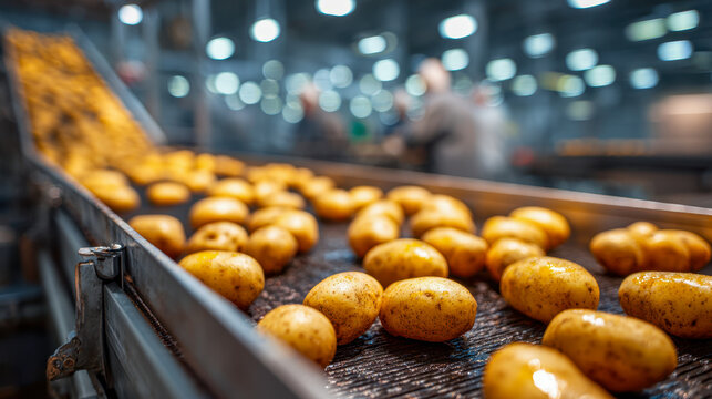 Industrial potato processing with fresh tubers moving on a conveyor belt inside a modern food production facility with workers in the background