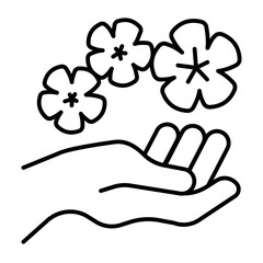 Obraz premium Hand with flowers thin line icon, spa massage concept. Vector graphics. Aroma oil therapy for hands, floral sign on white background, style icon mobile or web design.