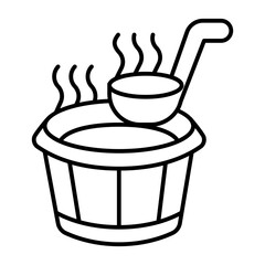Wooden bucket with water and ladle thin line icon, spa massage concept. Vector graphics. Bucket of hot water, bath time sign on white background, style icon mobile or web design.