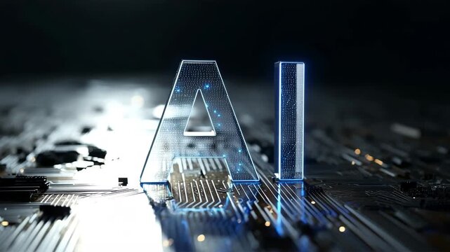 カーボン織り背景に電光イエローと深青が走るAIロゴ