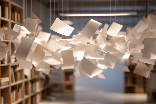 Creative depiction of chaos and inspiration with flying papers suspended in a modern library setting, symbolizing the flow of ideas and knowledge dissemination